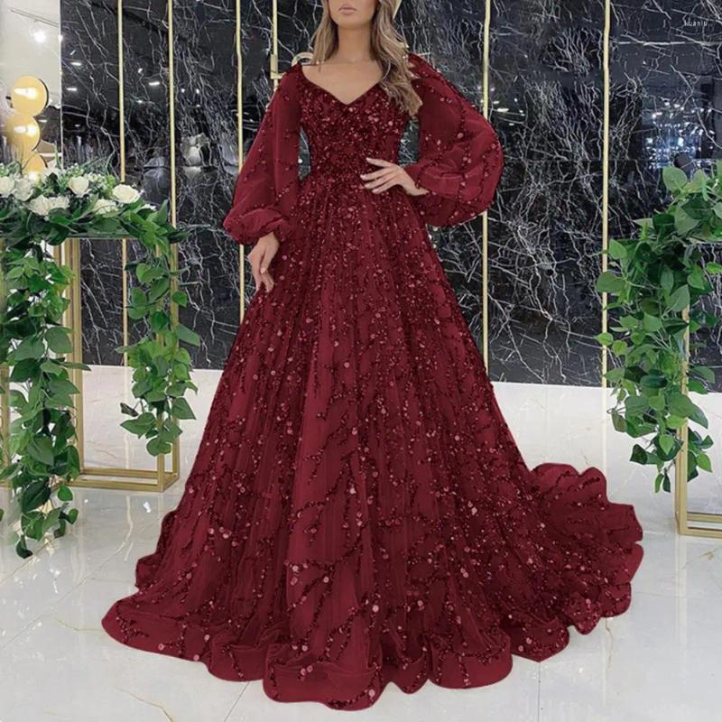Casual Dresses Women Slim-fitting Dress Elegant V Neck Sequin Evening Gown With Lantern Sleeves Beading A-line Floor Length Cocktail For