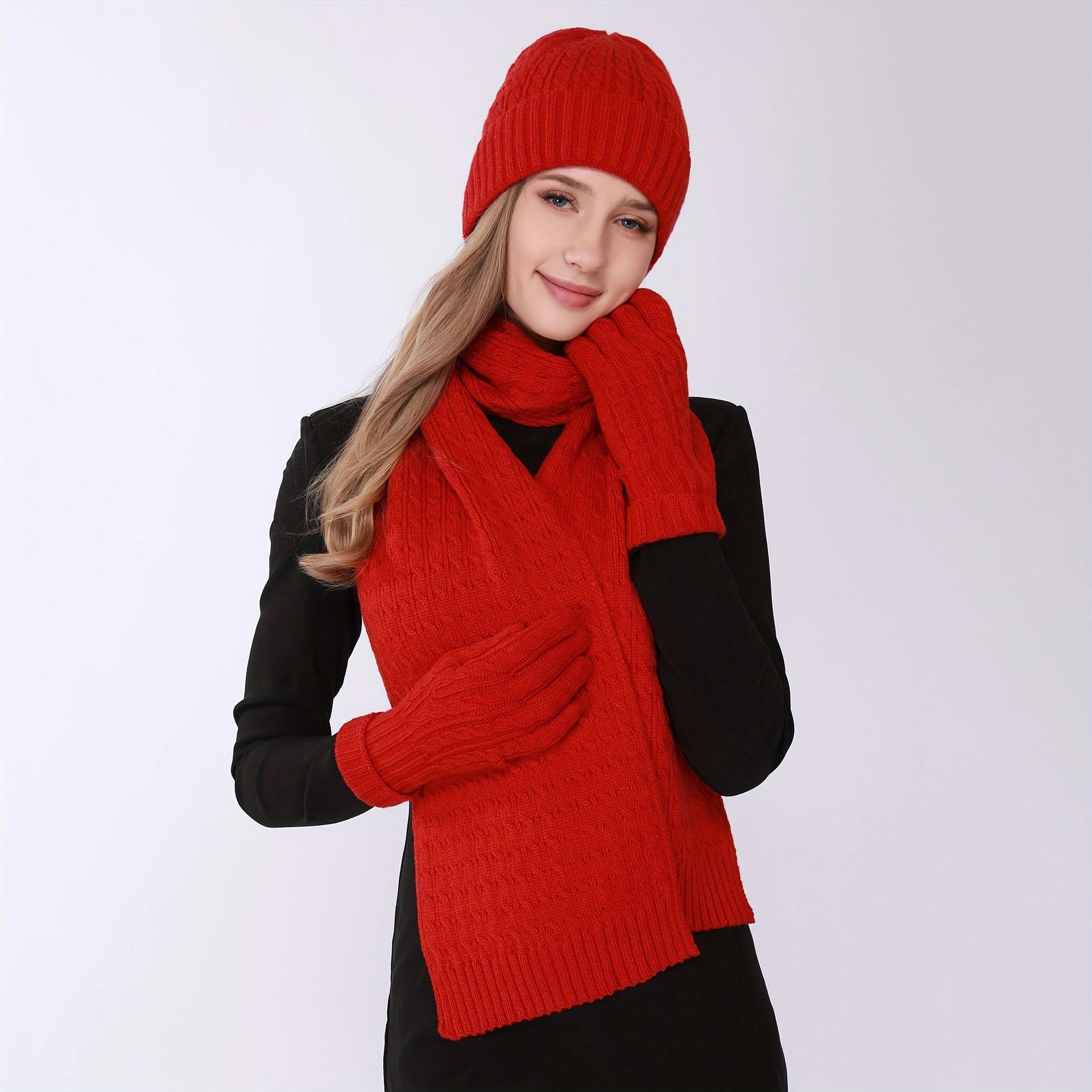 Winter European and American Fashion New Knitted Mask Hat Scarf One piece Women's Thickened Warm Autumn and Winter Solid Color Three piece Set