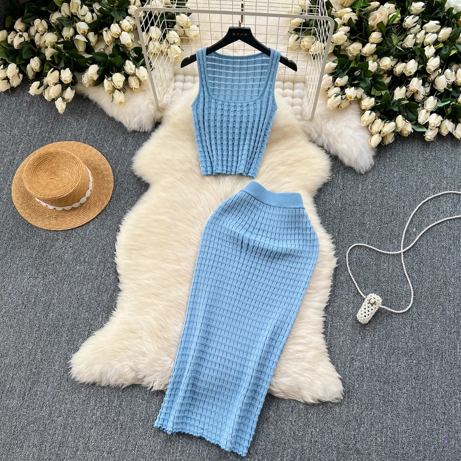 Summer Women Fashion Skirt Set Sexy Sleeveless Tank Tops High Waist Slim Long Saya Female Two Piece Suits Knit Solid Clothes 240423