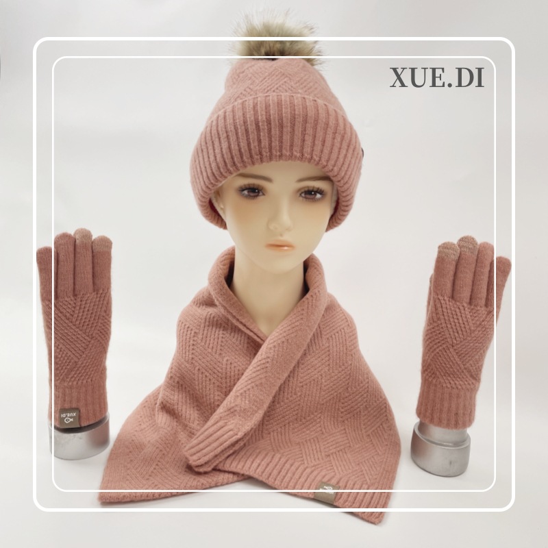 Amazon's new solid color wool warm hat scarf glove three piece set cold resistant wool ball and velvet knitted set