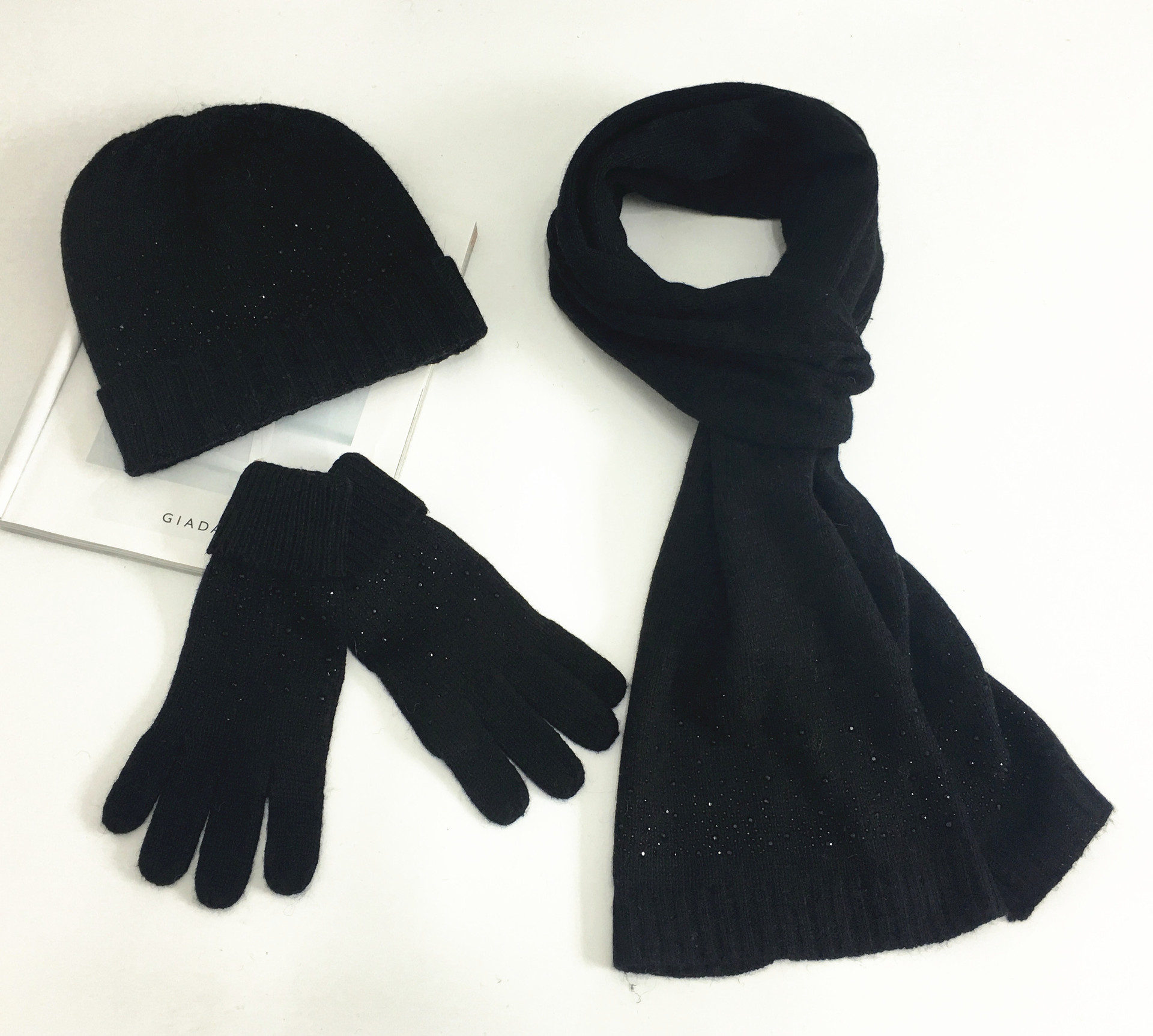 New European and American fashion three piece set with hot drilling for autumn and winter warmth hat scarf glove set factory direct sales