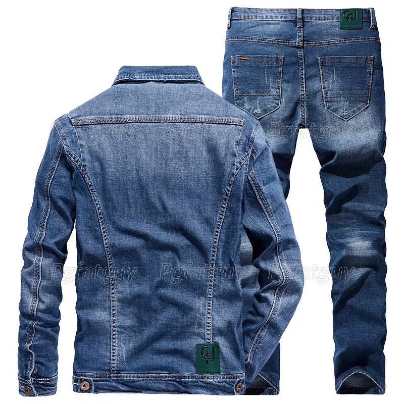 Mens simple slim fit elastic denim suit long sleeved jacket and pants business casual denim suit spring day outfit 2 pieces 241209