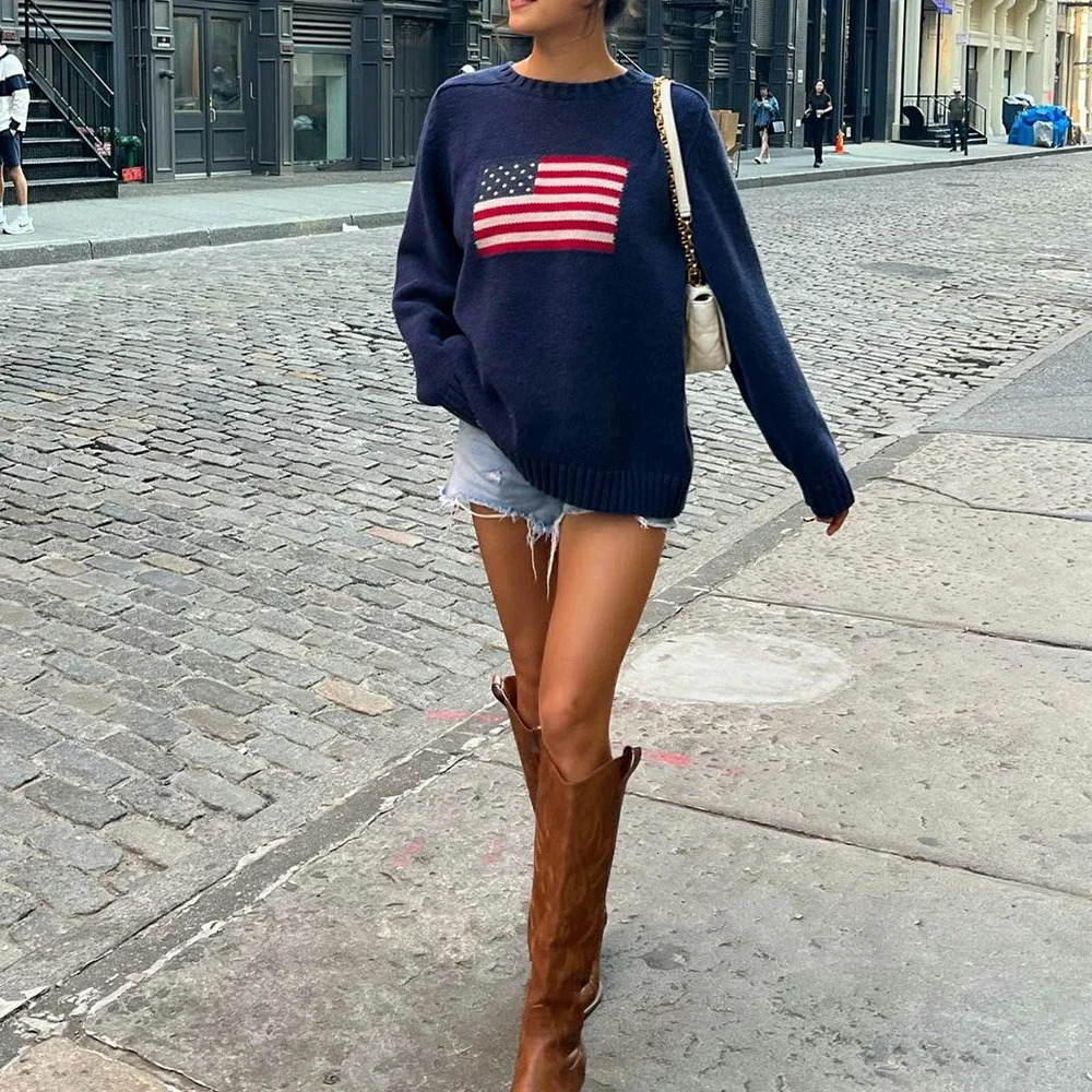 Combhasaki Womens Y2K American Retro Vintage Flag Sweaters Casual Long Sleeve Crew Neck Loose Fit Knit Pullover Jumper Tops 241127