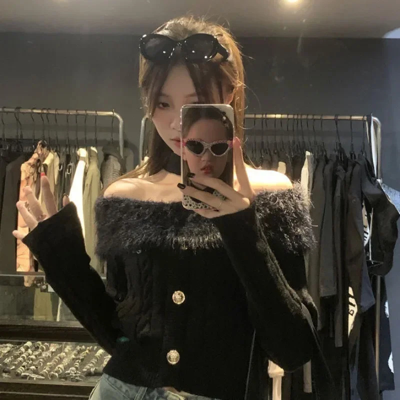 Autumn Winter Y2k Aesthetic Fluffy Sweater Slash Neck Off Shoulder Elegant Halter Crop Top Vintage Casual Fashion Pullover Women 241127