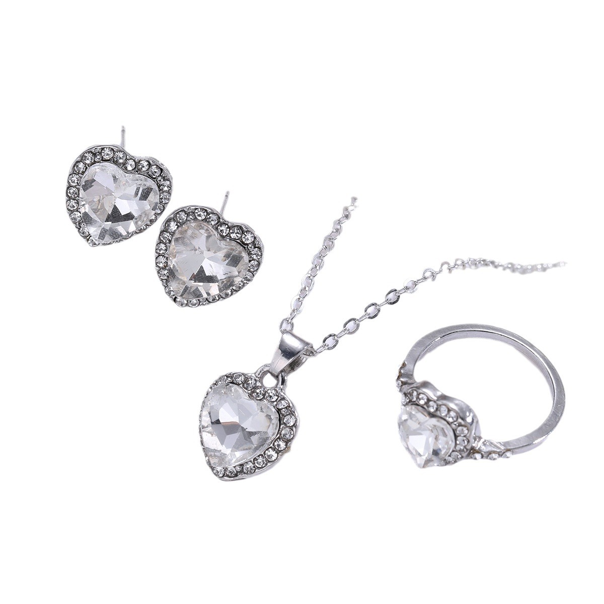 Cross-border new inlaid full of diamonds love zirconium necklace earrings ring set of three pieces of fashion high-class sense of jewelry