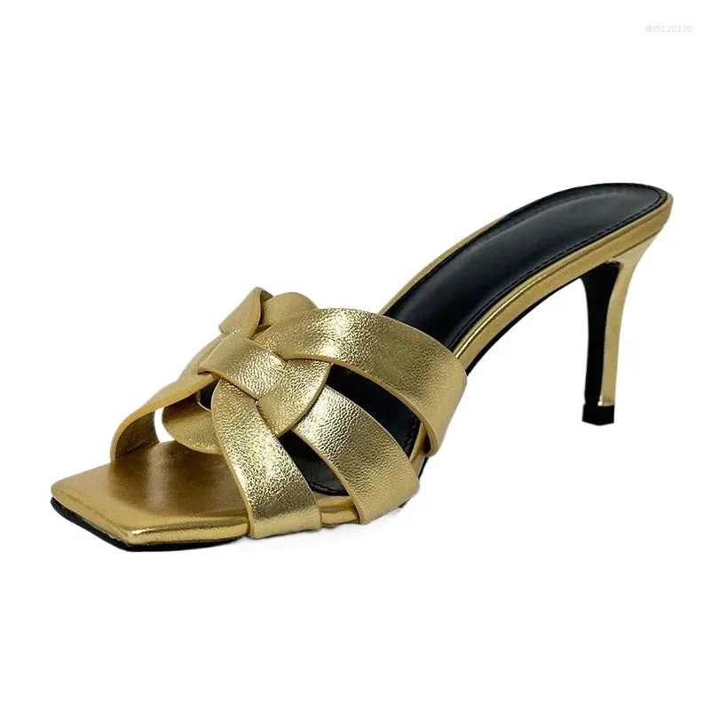 Solid Slippers Summer High Heel Woman Slipper Woven Sheep Leather Designer Runway Mule Peep Toe Multicolor Real Party Shoe