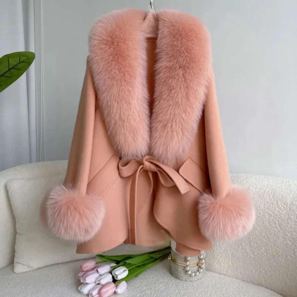 Woolen Jacket Loose Cashmere Real Fur Coat Detachable Collar 2024 New Winter Autumn Women Blends Fashion Cloak