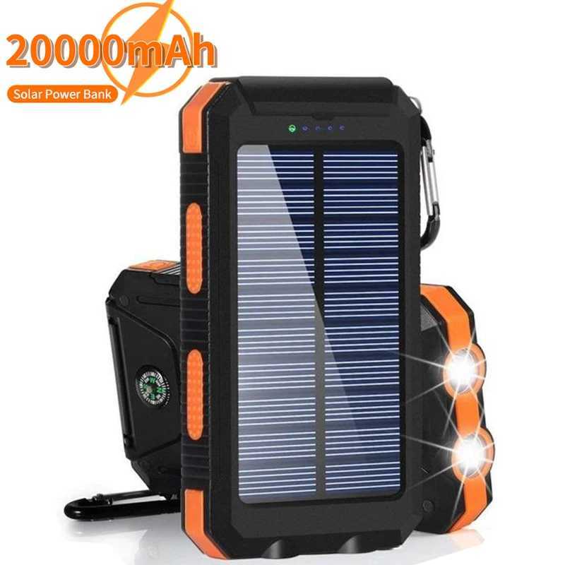 Cell Phone Power Banks 20000mAh solar battery pack outdoor portable charger Powerbank waterproof external battery dual USB charging with LED lights J2