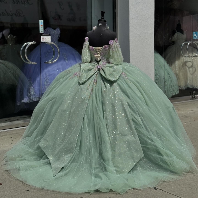 Mint Green Off-Shoulder Shiny Ball Gown Quinceanera Dresses 2025 Classic Applique Lace Beads Sweet 16 Dress Vestidos De 15 Anos