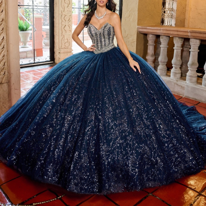 Blue Navy Shiny Quinceanera Dresses Off The Shoulder Ball Gown Sequin Applique Lace Beads Tull Birthday Party Sweet Vestidos De Xv Anos I