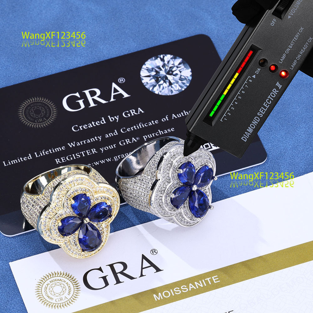 S925 Silver Moissanite Blue flower shaped ring Men's hip Hop diamond set four-leaf clover ring