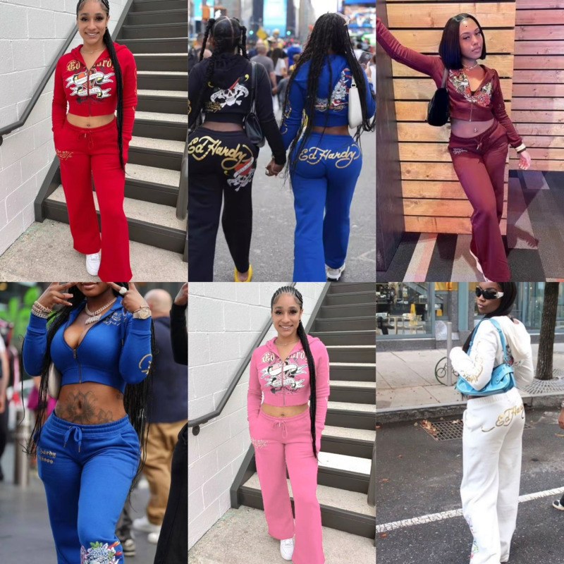 Women Tracksuits Two Pieces Set Designer New Trendy Street Skull Love Printed Basic Zipper Short Cardigan High Waist Straight Leg Pants Sportwear