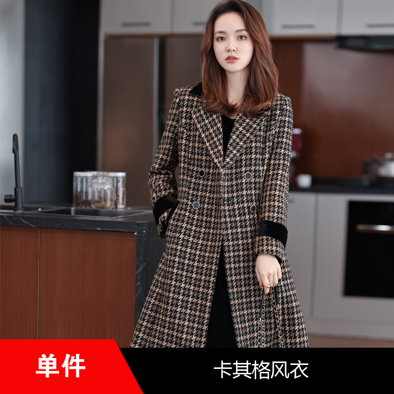 Women's Wool Blends Women's Medium Length Woolen Coat Autumn Korean Slim Coats Thousand Bird Check Double Breasted Suit Collar Coat 231010