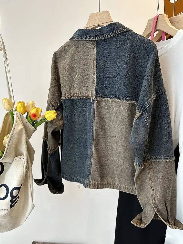 Fashionable retro jacket patch work contrasting color original edge long sleeved denim jacket casual loose fully matched womens clothing 241125