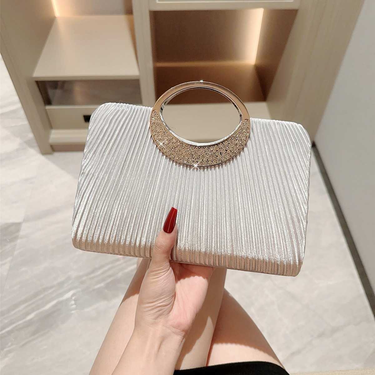 New pleated banquet bag, round ring handbag, rhinestone banquet handbag, dress bag, evening bag, wedding chain bag 241128