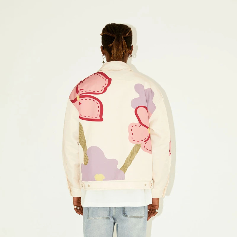 Flower Print Denim Jacket Men Women Fashion Loose Harajuku Couple Coat Autumn Y2k Japanese Street Hip Hop Cowboy Jackets 240415