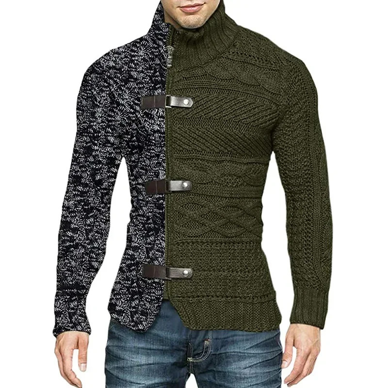 Autumn Winter Mens Sweatercoat Patchwork Turtleneck Cardigan Man Casual Knitted Slim Fit Long Sleeve Fashion Sweater Outerwear 241127