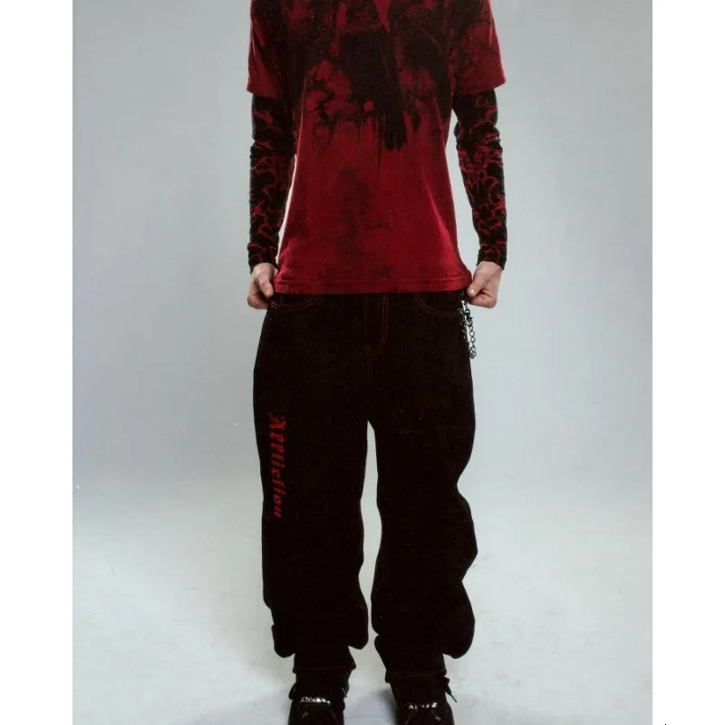 Gothic red embroidered high-quality mens graphic jeans hip-hop streetwear fashionable Y2K casual bag sports pants 241127
