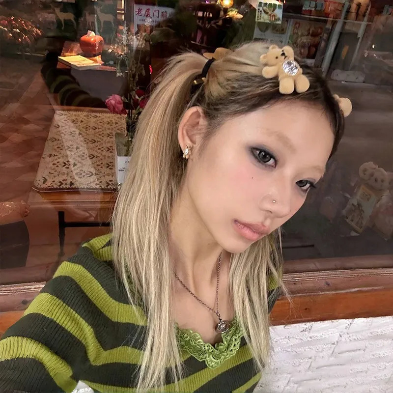 Karrram Japanese Y2k Green Striped Pullover Vintage 2000s Style Lace Knitted Tops Harajuku Fairycore V-neck Slim Sweater Elegant 241127