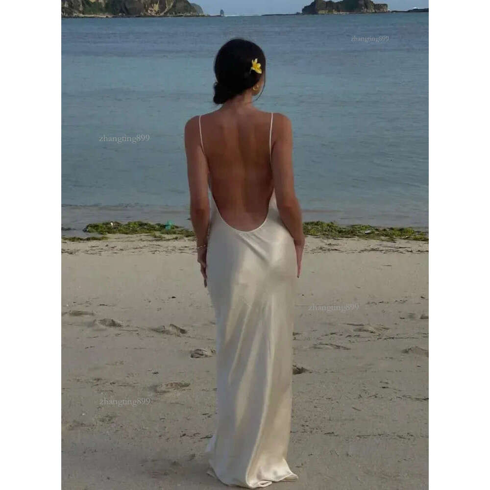 Elegant Backless Satin Women Long Dress Sexy Sleeveless Uneck Slim White Maxi Dresses 2024 Summer Female Beach Party Robes 240826