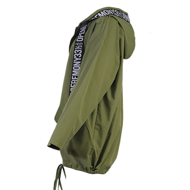 BAMBOOBOY Letter Print Green Trench Coat Spring Autumn Women Long Coat Loose Zipper Hooded Long Sleeve Overcoat Windbreaker 241127