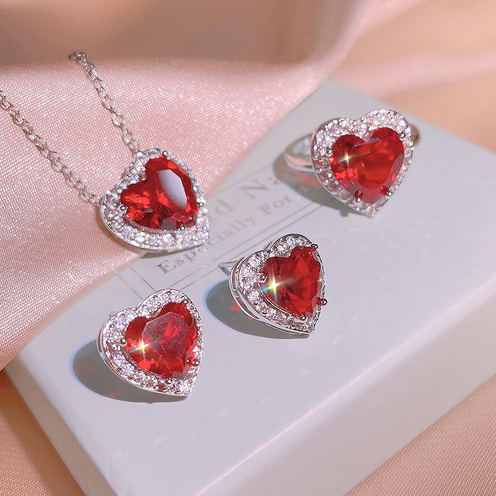 Cross-border explosive love zirconium set necklace earrings ring 3-piece fashion shining open ring high-class sense of women's jewellery