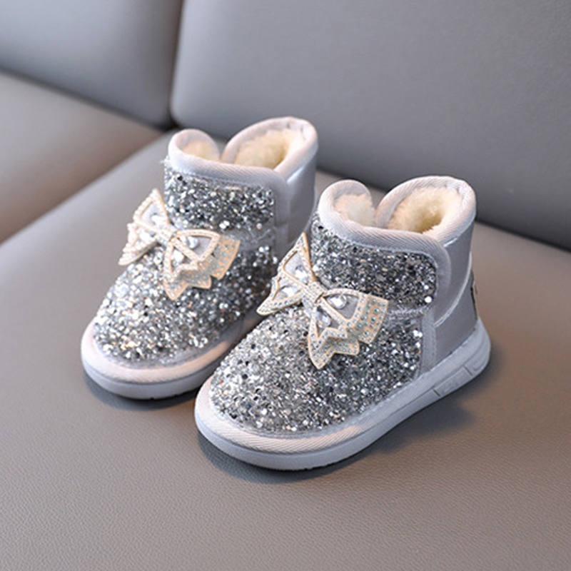 Girls Snow Boots Rhinestone Sequins Kids Fashion Winter Boots Princess Child Winter Cotton Plush Glitter Toddler Boots with Bow Littlesprouts Classic 