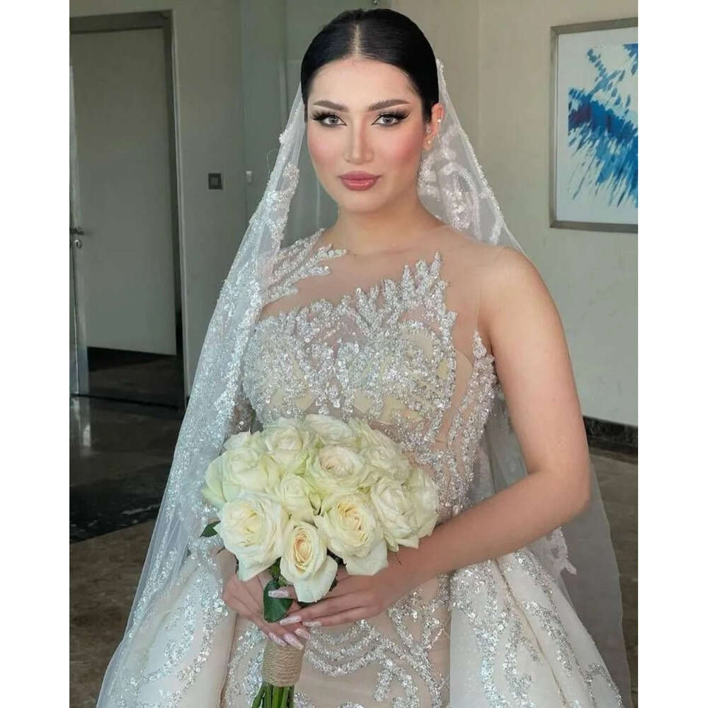 Mermaid Dress Sexy Sparkly Beads Sheer Jewel Neck Saudi Arabic Wedding Dresses With Detachable Train Wly Es