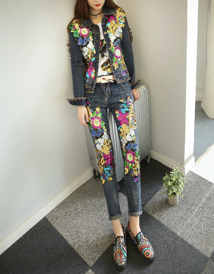 European Style Denim Suit Fashion Outfit Women Flower Sequined Denim Jacket Short Jacket Jeans Pants Two-Piece Set Female 240419