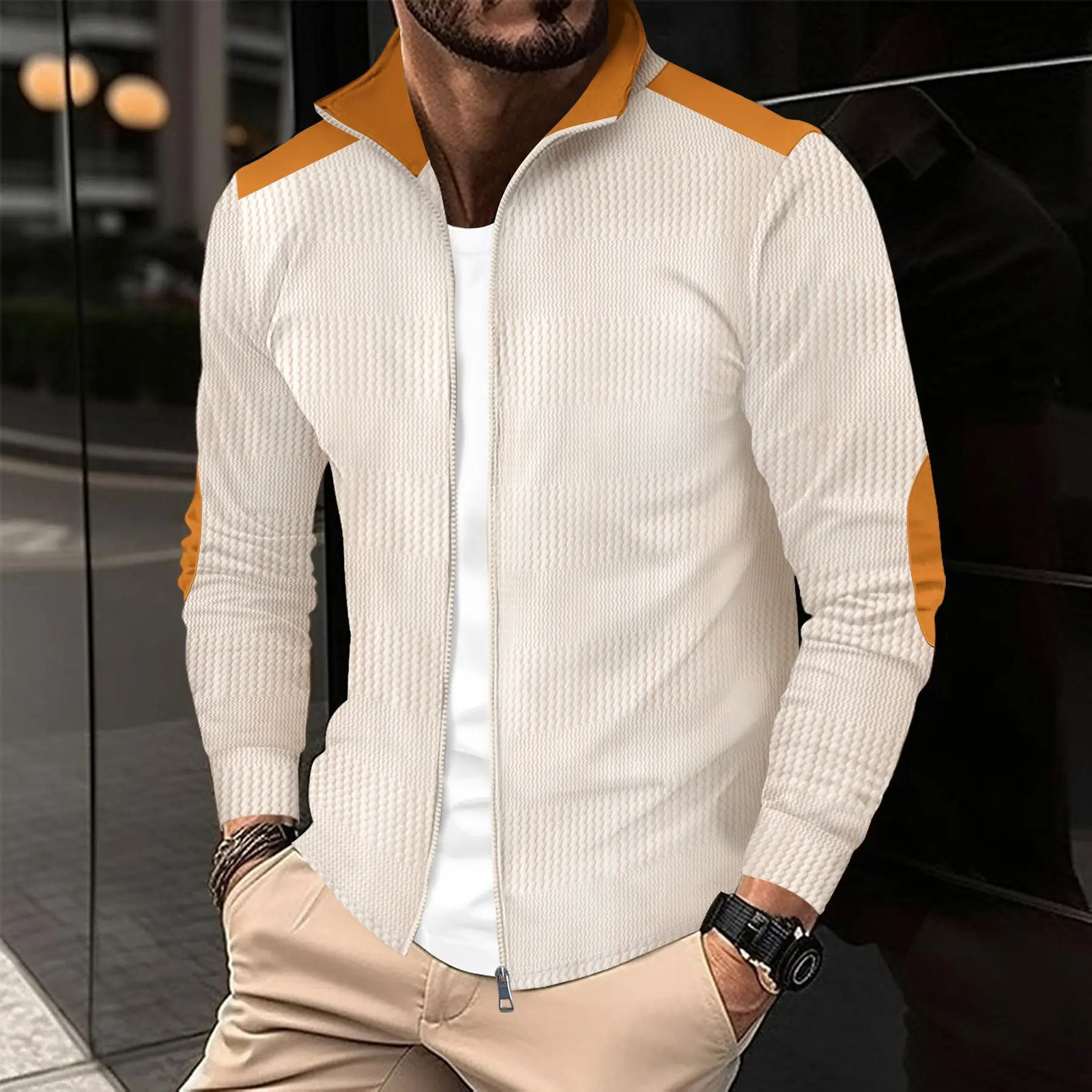 European and American cross-border autumn mens casual long sleeve young mens wrist embroidery lapel zipper casual jacket top 241127