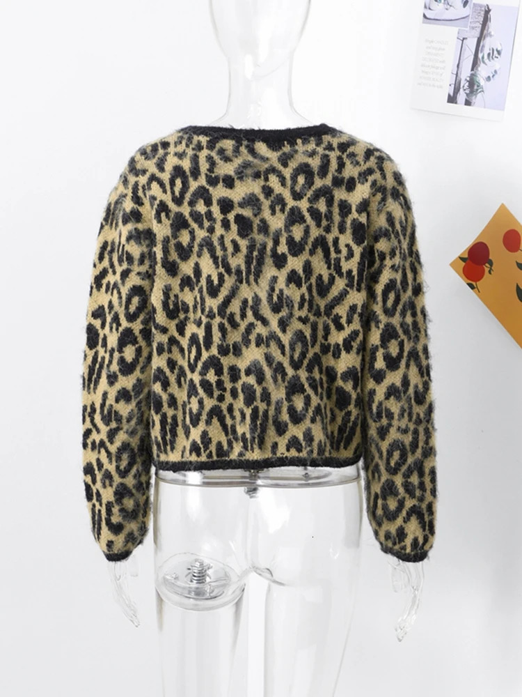 Fashion Knitted Leopard Print Mohair Sweater Cardigan Women Chic O-Neck Long Sleeve Sweater Elegant Lady Street Autumn Knitwear 241127