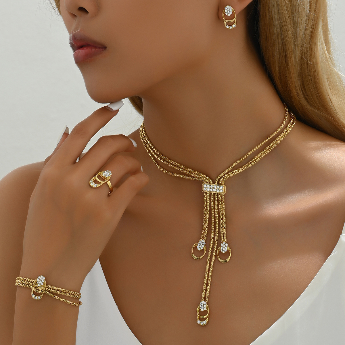 Foreign trade jewelry sets female fashion necklace earrings ring set of three creative temperament personality inlaid rhinestone