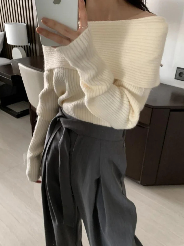 Deeptown Knitted Off Shoulder Sweater Women Elegant Pullovers Autumn Fashion Winter Sexy Korean Knitwear Y2k Top 241127