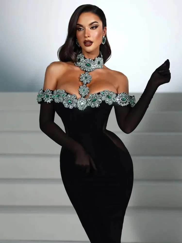 Summer Bandage Dress Women Celebrity Sexy Diamonds Crystal Black Maxi Long Bodycon Elegant Evening Club Party 241126