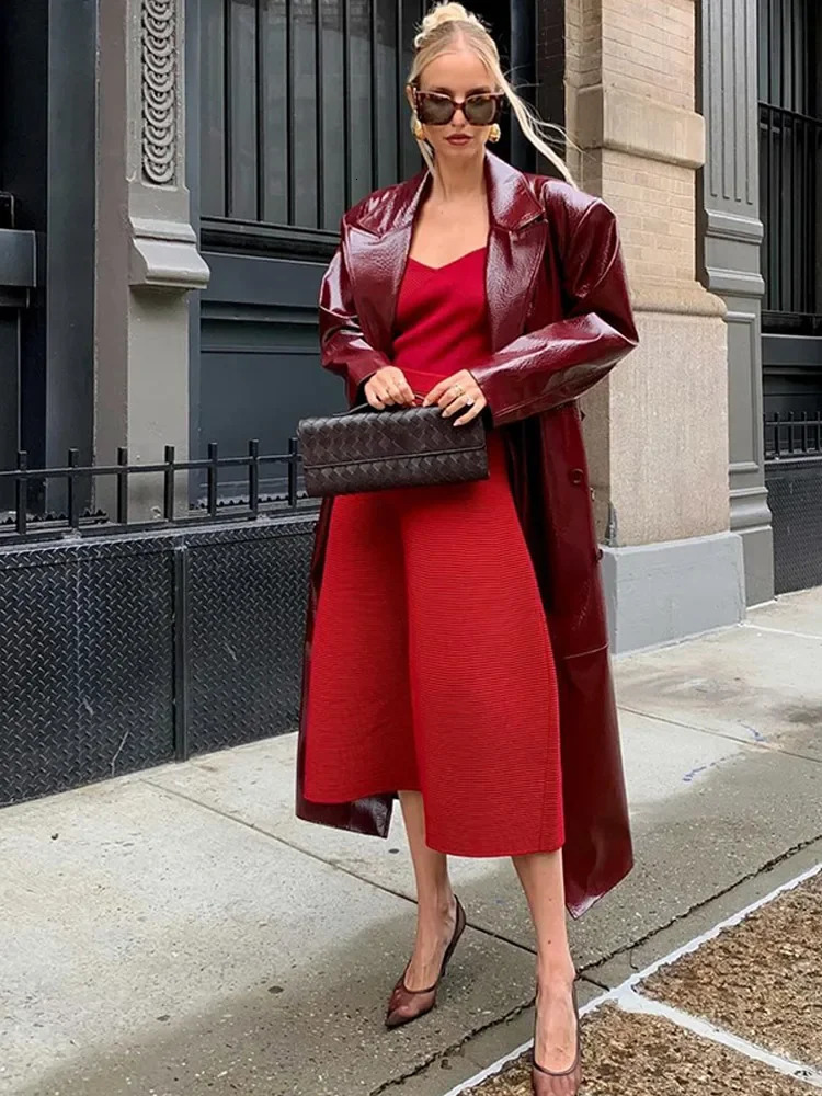 Autumn Burgundy Long Gloss Leather Trench Coat Womens Belt Double Chest Lace Long Jacket 2024 Womens Coat 241128