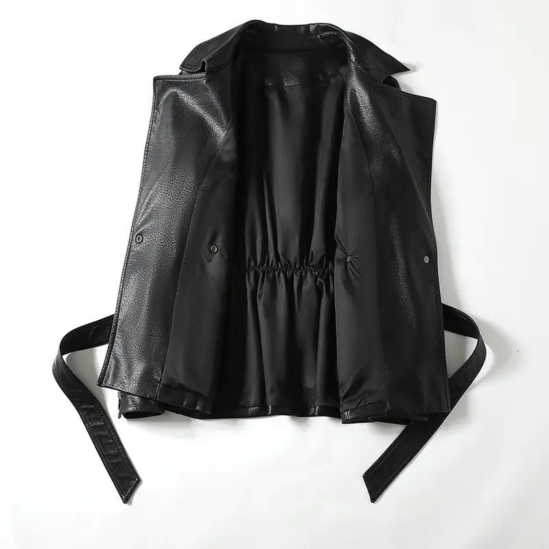 Fashion leather jacket for women with loose waist strap spring/summer black casual and fashionable 241128