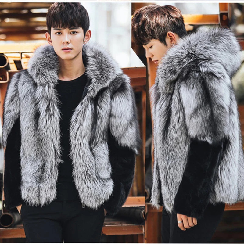 Mens winter mink coat fox hooded short jacket 241126