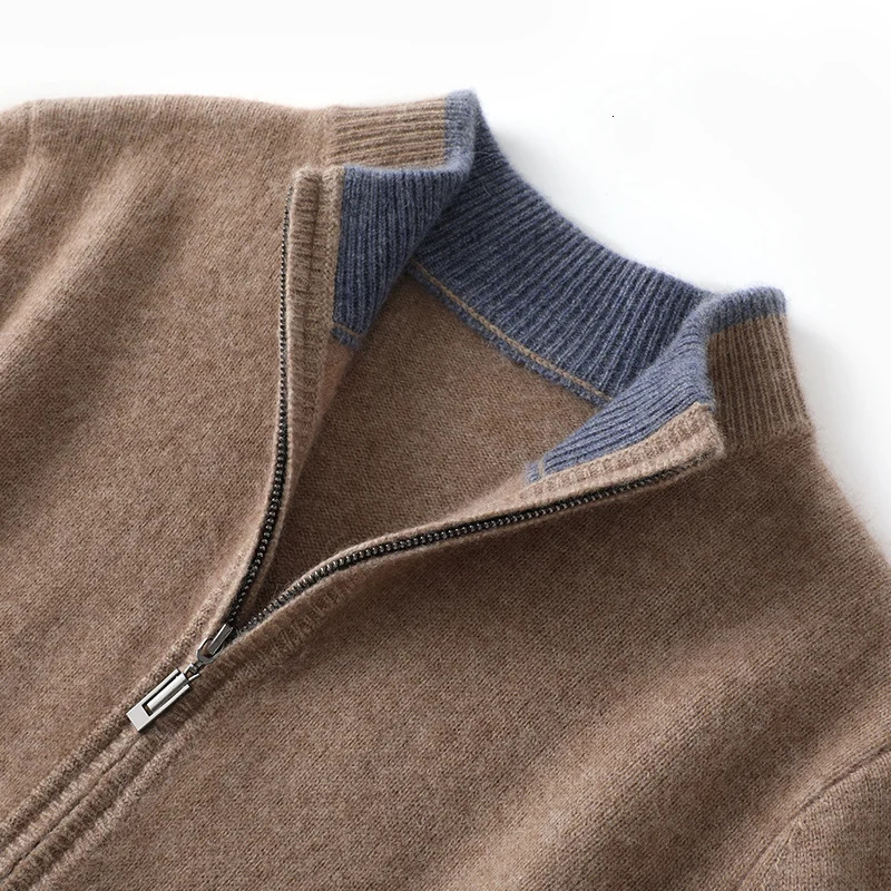 AutumnWinter 100% Pure Cashmere Sweater Mens Half High Neck Knitted Zippered Cardigan Solid Color Wool Top Coat 241127