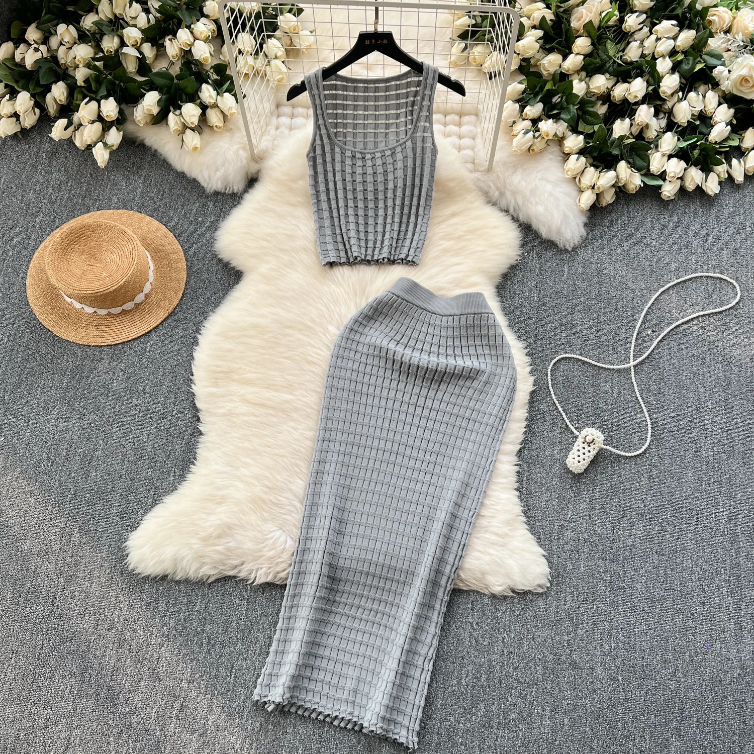 Summer Women Fashion Skirt Set Sexy Sleeveless Tank Tops High Waist Slim Long Saya Female Two Piece Suits Knit Solid Clothes 240423