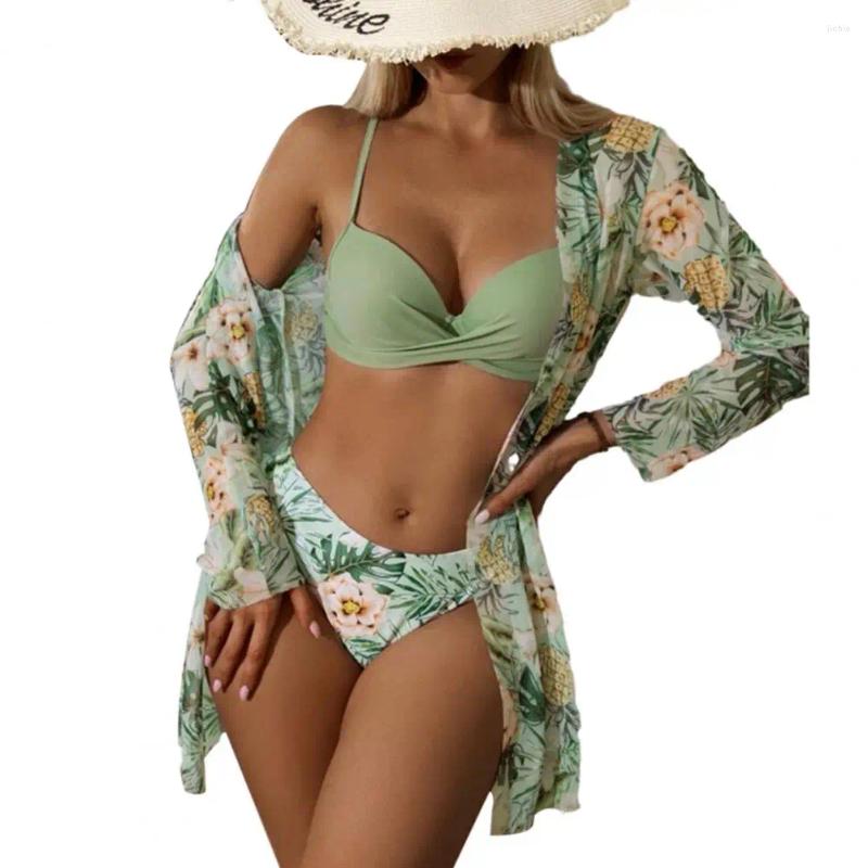 Womens Swimwear 3Pcs/Set Women Bathing Suit Solid Color Sling Bra High Waist Swimming Briefs Floral Print Cover-up Set Summer Bikini