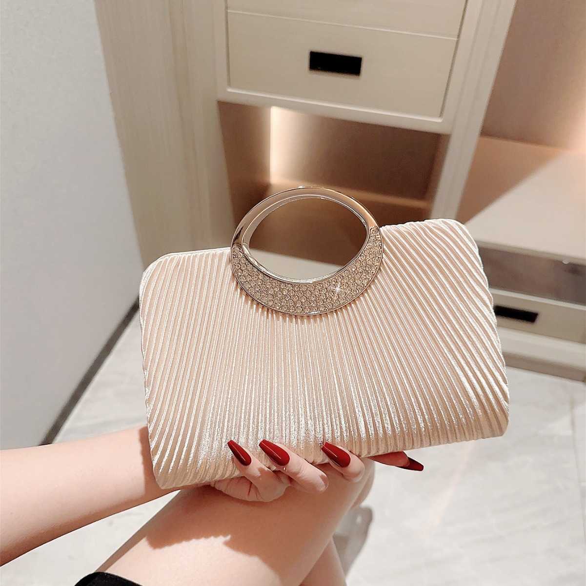New pleated banquet bag, round ring handbag, rhinestone banquet handbag, dress bag, evening bag, wedding chain bag 241128