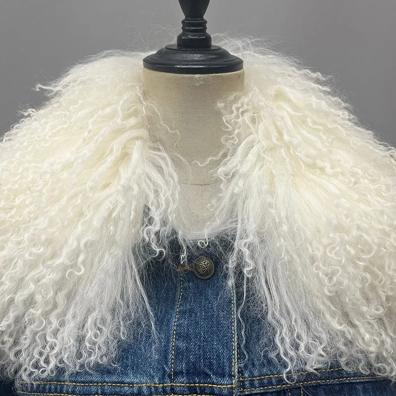 Arrivals Fluffly Real Mongolian Fur Denim Jacket Women Big Collar Natural Fur Coat Lady Fashion Denim Coat S5595B 241126