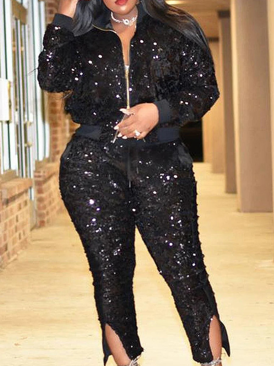 LW Plus Size Two Pieces Sets Velvet Sequined Zipper top coat Pants Set Fashion party Evening womens matching set 241127