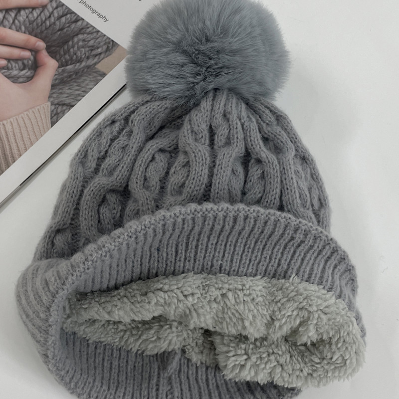 Winter hat for women with thick velvet and warm wool ball knitted wool hat scarf gloves three piece set windproof sleeve headband hat