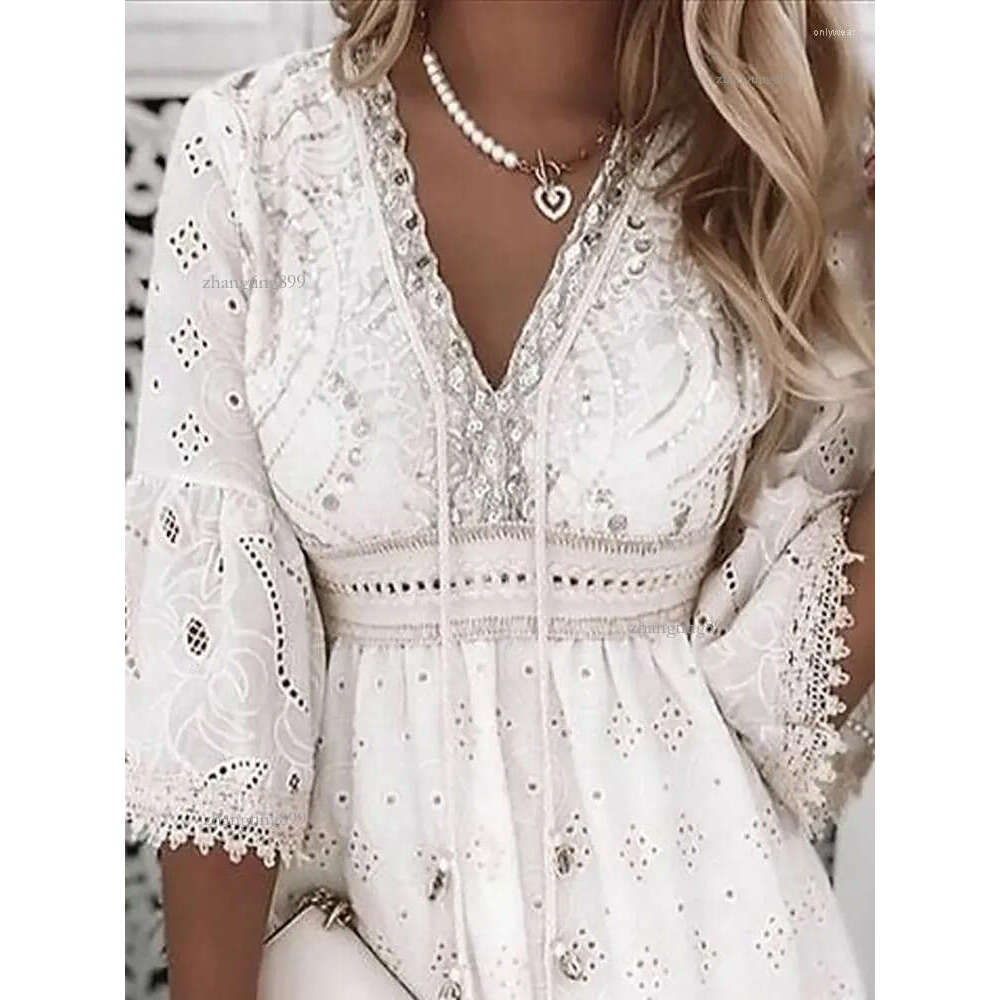 Casual Dresses White Lace Dress Women V Neck Up Female Patchwork Three Quarter Sleeve Vacation Beach Ladies A-line Party