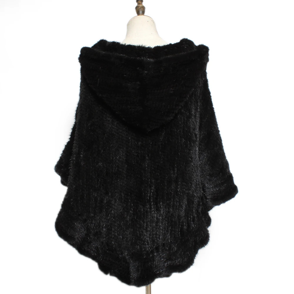 Winter Women Knitted Real Mink Fur Shawl Hooded Fashion 100%Natural Cape Jacket Lady Casual Warm Genuine Poncho 241126