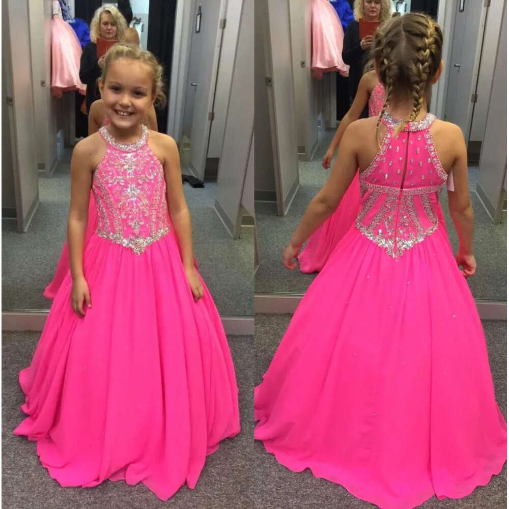 Chiffon Beaded Girls Halter Fuchsia Rhinestones Top A Line Floor Length Girl S Pageant Dresses Ba