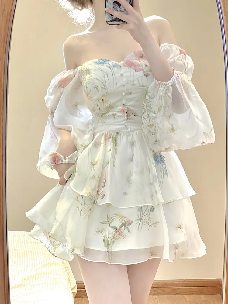 French Elegant Floral Mini Dress Chiffon Long Sleeve Evening Party Dress Women Holiday Beach Boho Fairy Dress Korean Robes 240415