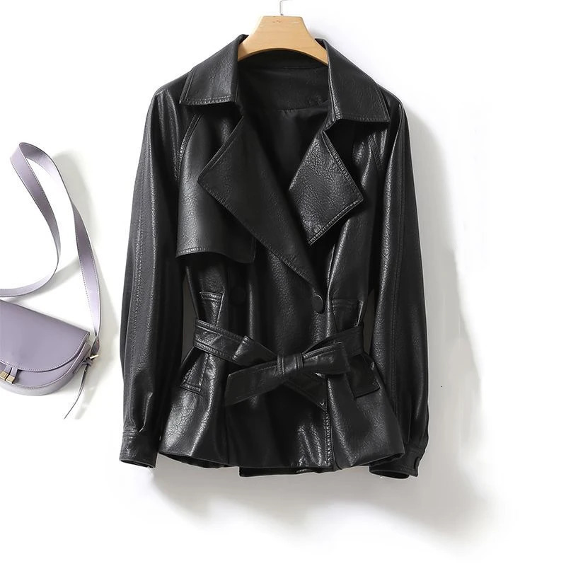 Fashion leather jacket for women with loose waist strap spring/summer black casual and fashionable 241128