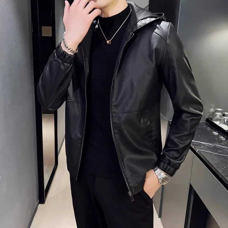 Fashion Autumn Mens Hoodie Pu Leather Jacket Fashion Black Motorcycle Leather Jacket High Quality Casual Street Zipper Jacket Mens Y251124